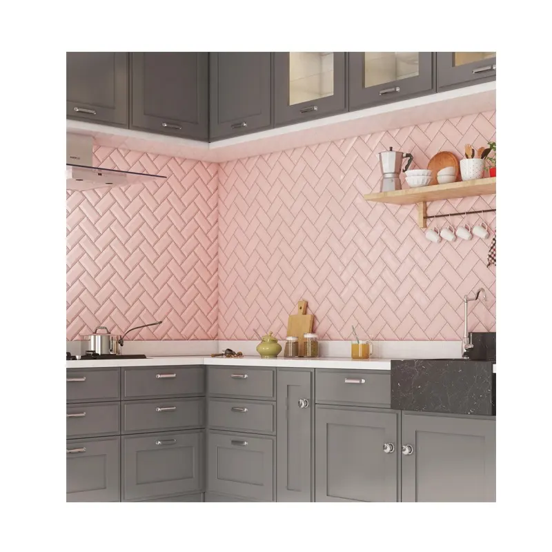 Nhà máy trực tiếp Bán Bóng kết thúc vát 76x152 mét màu hồng kích thước nhỏ tường gạch ceramic tàu điện ngầm gạch ốp tường