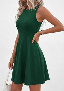 Vestido Mini sin Mangas con Cuello Redondo, Corte en A, Color Verde Sólido, Informal, para Verano, Tejido de Punto, Corte Regular, Dobladillo Acampanado - Product Image 2