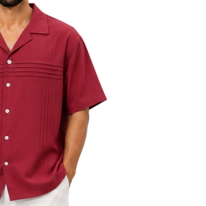 Burgundy Mens <b>Camp</b> Collar Horizontal Pleated Short Sleeve Button Down Casual Summer Resort <b>Shirt</b> Custom Logo OEM Manufacturer - Product Image 4