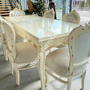 Ensemble de table à manger de luxe artisanal blanc et or pour 6 personnes, décor victorien orné et sculpté, finition brillante - Product Image 3