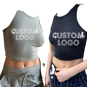 Chica logotipo bordado personalizado Sexy señoras blanco algodón negro diamante Halter tubo Crop acanalado camiseta sin mangas mujeres - Product Image 3