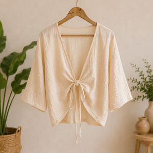 Ensembles de vêtements de détente pour femmes, 100% coton, tissu en gaze tissé, pyjamas respirants, vêtements décontractés pour la maison - Product Image 4