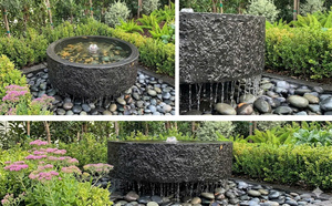 Fontaine en bassalte naturel taillé brut - Diamètre 115 cm - Grande fontaine extérieure au design moderne - Bassin d'eau en pierre volcanique massif - Product Image 6