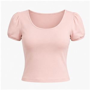 Camiseta Corta Ajustada de Manga Corta con Cuello Redondo y Color Rosa Pálido para Mujer WTS-0085 - Product Image 1