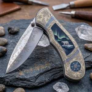 Navaja Plegable Artística con Diseño de Oso Polar y Aurora, Grabado de Copo de Nieve, Apertura con Perilla, Punta Afilada - Product Image 2