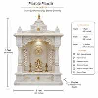 Temple de Pooja Traditionnel Spacieux en Marbre Blanc Makrana Écologique et Durable, Personnalisé avec Détails Dorés pour la Maison
