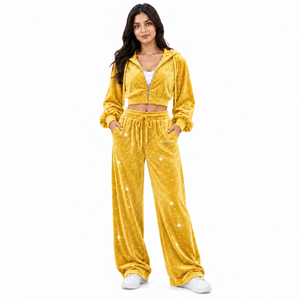 Stylish Velour Two Piece <b>Tracksuit</b> Custom Rhinestone Embellished <b>Velvet</b> Crop Hoodies OEM Wide Leg Trousers Private Label Supply - Product Image 1