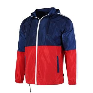 Veste coupe-vent à capuche pour homme, style sportif, légère, color-block rouge et bleu marine, fermeture éclair, pour le printemps et les activités de plein air - Product Image 1