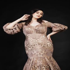 Women Gold <b>Sequin</b> Mermaid Evening Gown Off Shoulder | Puff Sleeve Party Dress | Luxury Wedding Prom Wear, India 2026 Export Pro - Product Image 1