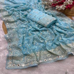 Sari VASTRA COTTAGE Premium de Georgette con Bordado Floral de Hilo Pesado, Detalles de Lentejuelas y Borde Calado Festoneado - Product Image 2