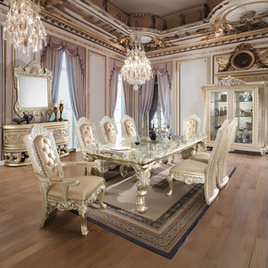 Juego de Comedor Clásico de Lujo Royal Luxury Gold, Madera de Caoba, Respaldo Sólido, Aparador Antiguo, Vitrina con Espejo, para Villa u Hotel - Product Image 1