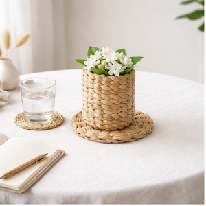 Sous-verre rond en bambou tressé fait main avec motif floral, écologique, pour la décoration de la cuisine et de la table basse - Product Image 3