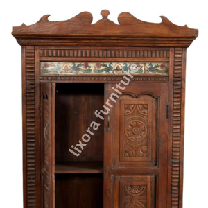 Luxury Handcrafted Solid Wood 2 Door <b>Wardrobe</b> Ornate Floral Carving Antique Finish <b>Storage</b> Armoire - Product Image 2