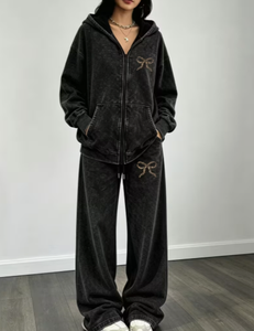 Ensemble de survêtement décontracté pour femme avec sweat à capuche zippé effet délavé et pantalon brodé à nœuds, 2 pièces - Product Image 3