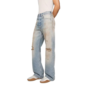 Jean droit ample vintage déchiré et vieilli en coton 100 % biologique peigné pour homme, délavé foncé avec décoration en cristal, idéal pour l'hiver et l'automne - Product Image 2