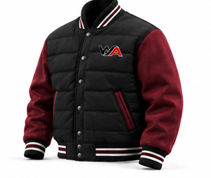Men's <b>Quilted</b> Varsity Jacket Black Padded Body Burgundy <b>Wool</b> Sleeves Premium Puffer Letterman Jacket Outerwear OEM - Product Image 5