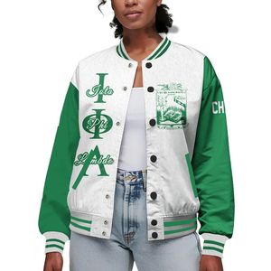 Chaqueta Universitaria Personalizada Iota Phi Lambda para Mujer, Blanca con Mangas Verde Esmeralda, Letras, Escudo, Número y Año, Estilo Bomber - Product Image 1
