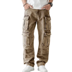 Pantalones Cargo de Mezclilla Marrón Vintage para Hombre, Corte Relajado, Multibolsillos, Estilo Urbano, Pierna Recta, Jeans Utilitarios, Ropa Casual para el Día a Día - Product Image 1