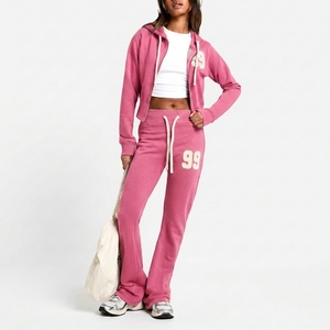 Ensemble de survêtement deux pièces pour femme avec sweat à capuche zippé, en molleton de coton épais coupe-vent, style streetwear décontracté, Fournisseur de mode - Product Image 1