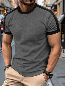 T-shirt noir à manches courtes pour homme avec bordure blanche, coupe classique, col rond, imprimé décontracté, tricoté 200g, en polyester vierge - Product Image 6