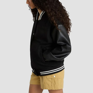 Chaqueta Varsity Negra de PU, Corte Regular, Unisex, Cuello Redondo Informal, Color Sólido, Secado Rápido, Transpirable, Ropa de Invierno - Product Image 4