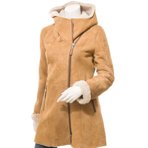 <b>Women's</b> Shearling <b>Jacket</b> Hooded Full Sleeve Zipper Closure Winter Coat Thick <b>Suede</b> Leather Fur Lining Windproof - Product Image 1