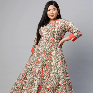 Kurta en coton imprimé Kalamkari motif pêche, coupe trapèze, grande taille, col rond, manches trois quarts, pour femme, style inspiré des motifs - Product Image 3