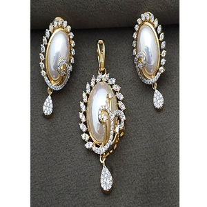 <b>Beautiful</b> Premium Quality Gold White Finish Designer Pendant Necklace Set with <b>Earrings</b> for Wedding Party Women Wear Collection - Product Image 1