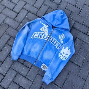 Sudaderas con Capucha Personalizadas Estilo Streetwear, Desgastadas, con Pedrería, Corte y Costura Gráfica, Estilo Y2K - Product Image 4