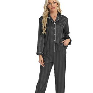 Conjunto de pijama de satén negro para mujer, ropa de dormir de manga larga a rayas con cuello con muescas y botones, pantalones de dormir de 2 piezas - Product Image 1
