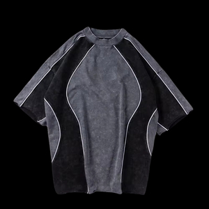 T-shirt surdimensionné en coton 100% 300 g/m², style vintage délavé à l'acide, design patchwork, coupe ample, streetwear - Product Image 4