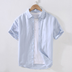 Chemise décontractée pour homme en lin et coton à manches courtes, style boutonné, pour les vacances tropicales à la plage, t-shirts unis - Product Image 2