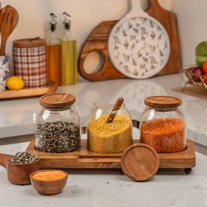 <b>Glass</b> Storage <b>Jars</b> <b>with</b> tray Airtight <b>Lids</b> coffee container <b>with</b> Wooden <b>Lid</b> <b>Glass</b> Canister for Beans Rice Sugar kitchen usage - Product Image 1
