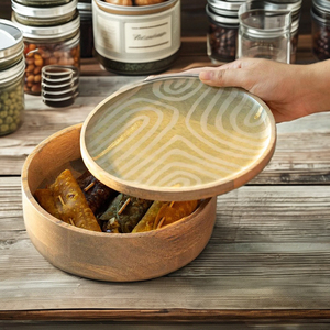 Wood Roti <b>Box</b> with enamel print lid <b>Brown</b> Wooden Roti Dabba for Kitchen | Roti <b>Box</b> for Kitchen Container - Product Image 4