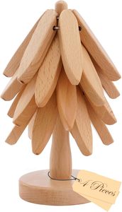 High Quality Eco-Friendly Set 4 <b>Wooden</b> <b>Trivets</b> 1 Stand Round Shape Hot Dishes Kitchen Coasters Stackable Carton - Product Image 2