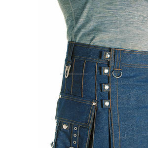 Kilt écossais en denim bleu pour homme, clous en laiton, respirant, anti-rides, chaînes métalliques, vente en gros, promotion - Product Image 4