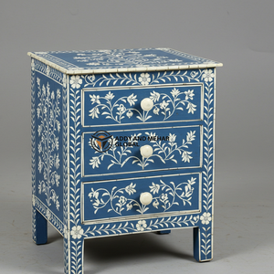 Mesa de Noche de Lujo con Incrustaciones de Hueso Azul, Ecológica, Moderna, Hecha a Mano, con Diseño Floral y 2 Cajones para Dormitorio - Product Image 2