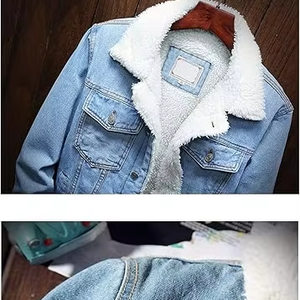 Veste en jean décontractée pour homme, 100 % coton, doublure sherpa, coupe-vent grande taille, col montant, style camionneur avec fourrure - Product Image 2