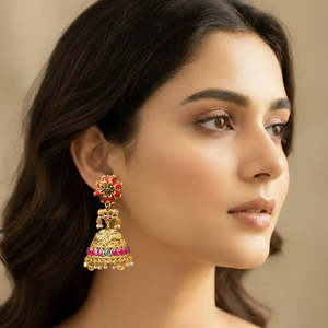 Coral Kemp Jhumka Chandelier Earrings-24K Gold Plated Zinc Alloy with Pearl and Ruby Ethnic Bohemian Style for Party - Product Image 1