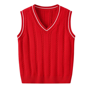 Gilets en tricot sans manches à col en V rouge, personnalisables avec logo, pour garçons et filles, uniforme scolaire, pull à carreaux - Product Image 1