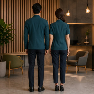 Ensemble uniforme col mandarin bleu sarcelle avec pantalon marine en coton respirant unisexe pour adultes - Product Image 3
