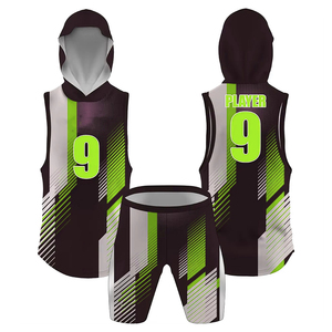 Ensemble short et débardeur à capuche personnalisé, sublimé, bleu marine, rouge et blanc, à rayures géométriques, uniforme de basketball 7v7, joueur 9, service OEM - Product Image 4