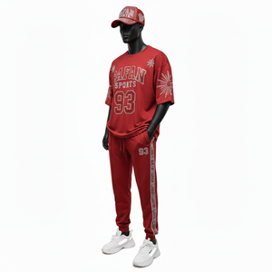 ชุดเสื้อยืดและกางเกงจ็อกเกอร์ผู้ชาย ผ้าฝ้าย เสื้อยืด 180 GSM กางเกงผ้าฟลีซ 260 GSM โลโก้ประดับเพชรแดง ชุด 2 ชิ้น - Product Image 4