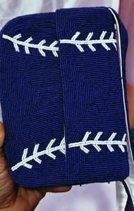 Handmade Beaded Rectangular Handbag with White <b>Stitch</b> Pattern Blue Textile Craft Art Polyester Embroidery Washable Daily Use - Product Image 2