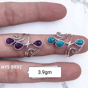 Bague en argent sterling 925 classique avec 3 pierres taillées en poire, grande et massive, en turquoise et améthyste naturelles, prix de gros, bijoux - Product Image 1