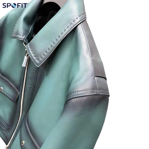 SPOFIT Veste en cuir véritable pour homme, dégradé vert menthe, fermeture éclair, col rabattable, manteau de moto décontracté - Product Image 3