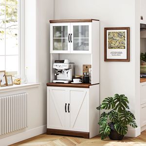 Meubles de cuisine style ferme de 70 pouces avec étagères réglables, comptoir ouvert pour micro-ondes, portes vitrées, et rangement de garde-manger style ferme - Product Image 2