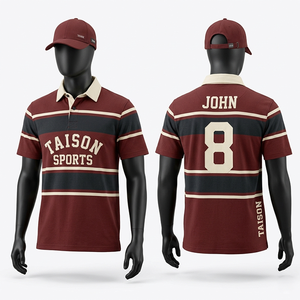 Men Rugby Jersey 240 GSM Premium Cotton Polyester Blend Maroon Navy Striped Panel Embroidery Print Custom Logo - Product Image 1