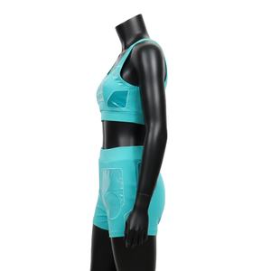 Ensemble short et haut pour femme en polyester et élasthanne de qualité supérieure, bleu aqua, avec empiècements contrastants et logo en relief par transfert thermique, en coton - Product Image 3