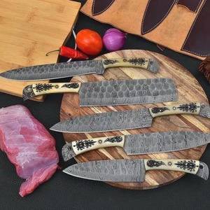 Custom Handmade Hand Forged Damascus Steel Kitchen Chef <b>Knife</b> Set 5-Piece with Engraved Camel <b>Bone</b> <b>Handle</b> & Leather Sheath Roll - Product Image 4